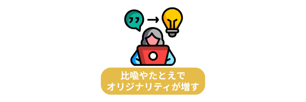 発想の転換をイメージしたイラスト。ノートパソコンに向かう人物が、吹き出しの中の記号をアイデアに変換している