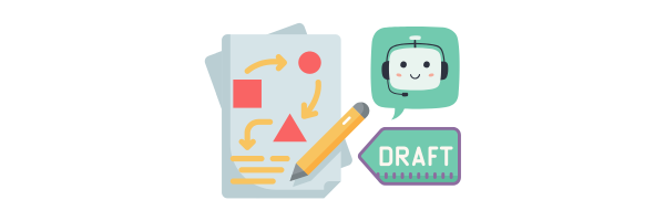 チャットボット風キャラと、下書き中のメモや図解のイラスト。AIでの文章構成や草稿作成を表すビジュアル