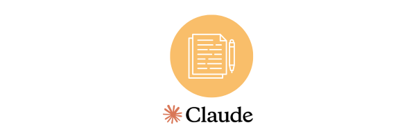 オレンジの円に、文章とペンのアイコンが描かれたマークと「Claude」のロゴ。Claudeを使ったライティングや執筆用途を示すイメージ