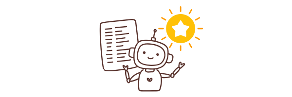 原稿と星マークを持つロボットが満足そうにしているイラスト