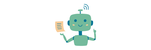 笑顔の緑色のロボットが書類を持って説明している様子のイラスト。AIアシスタントやチャットボットを連想させるフレンドリーなキャラクター