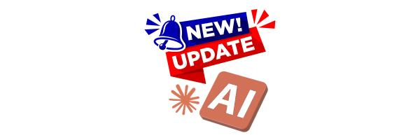 青と赤の「NEW! UPDATE」のバナーと、AIと書かれたアイコンが描かれた、AIの新機能アップデートを示すイラスト
