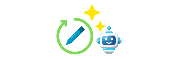 ペンと笑顔のロボットが並ぶイラスト。AIによるリライトや執筆支援を表現
